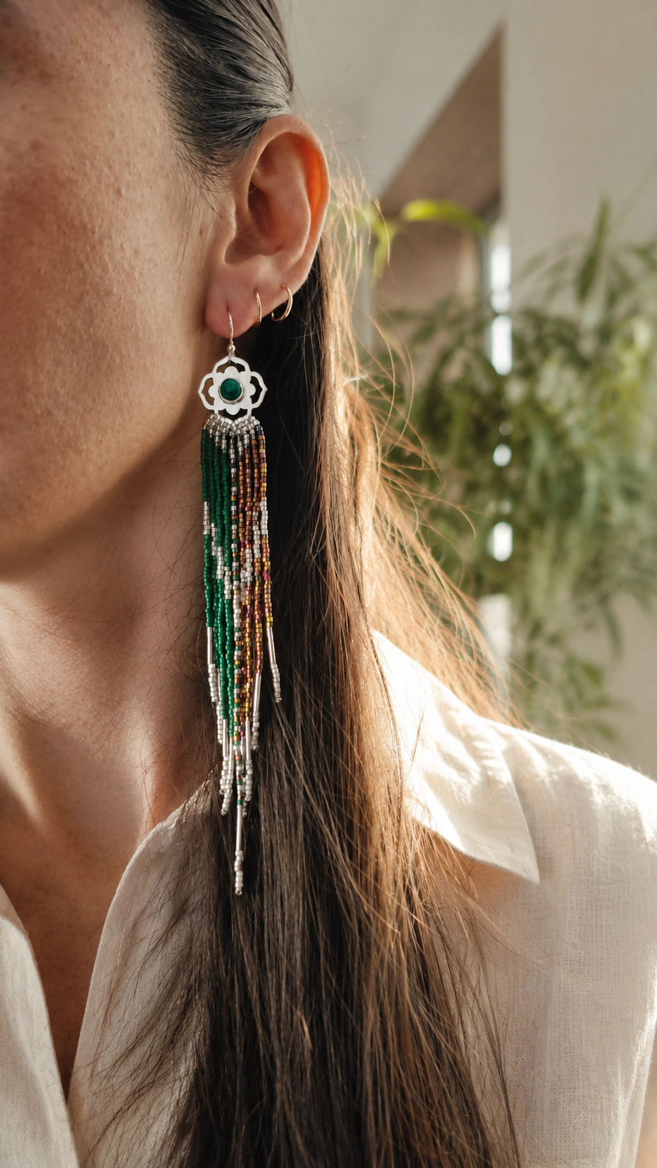 Aretes rosetón con piedra malaquita